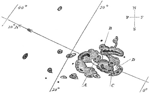 Carrington's sketch of the sunspot observed on Sept 1., 1859.  Solar flares observed at points A & C moved to points B & D in 5 minutes.