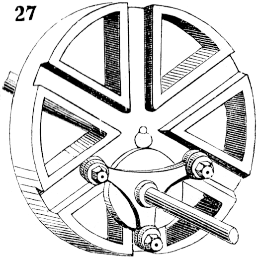 “Multiple gearing”—a recent invention. The smaller triangular wheel drives the larger one by the movement of its attached friction-rollers in the radial grooves.