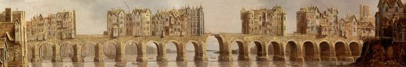 Detail showing Old London Bridge on the 1632 oil painting "View of London Bridge" by Claude de Jongh.