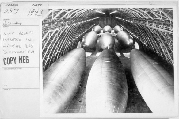 Submarine patrol blimps inside Hangar One during World War II.