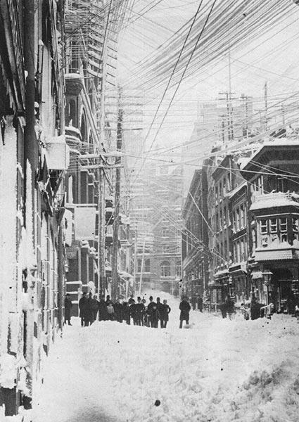 The weight of the snow snapped telegraph and telephone wires in New York City, hindering communications