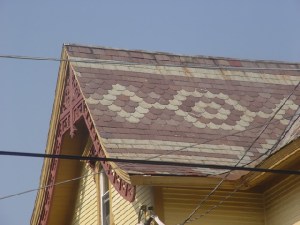 Imbrication can also be seen in colored slate roof tiles.